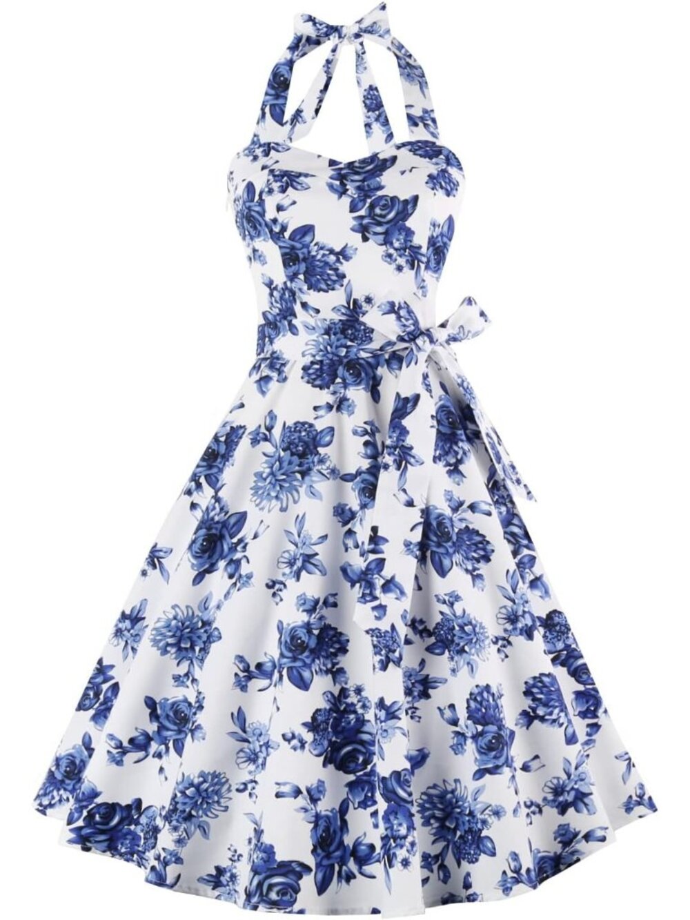Women's Porcelain Halter Neck Vintage Polka Audrey Retro Cocktail Dress